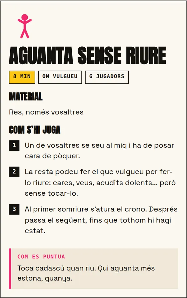 Pantalla d'una prova a l'app Gimcana: «Aguanta sense riure», amb la durada, el material, com s'hi juga en tres passos i com es puntua